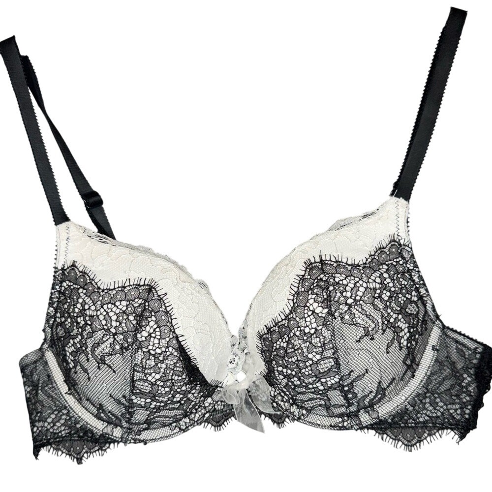 Victoria's Secret‎ Dream Angel's Push-up Bra Black Eyelash Lace White Satin 36A
